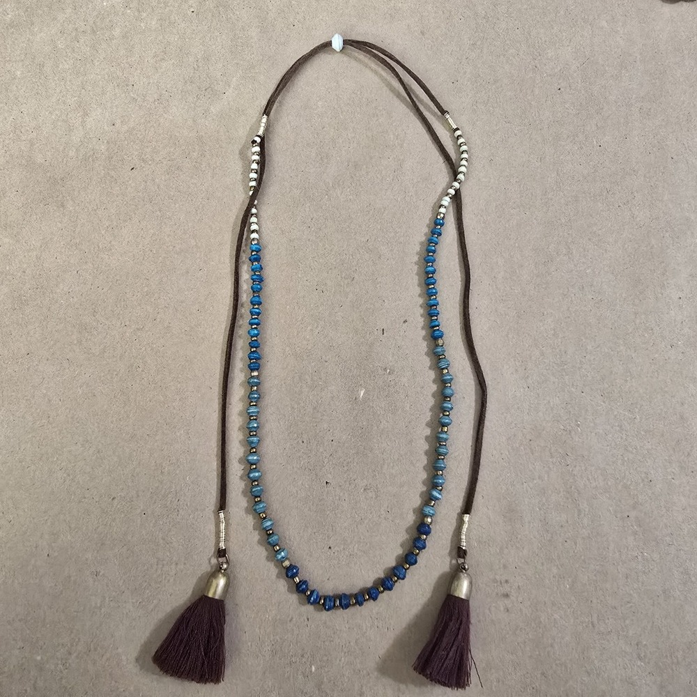 Handmade Blue Buddhist Prayer Beads with Tassels and Brown Cord